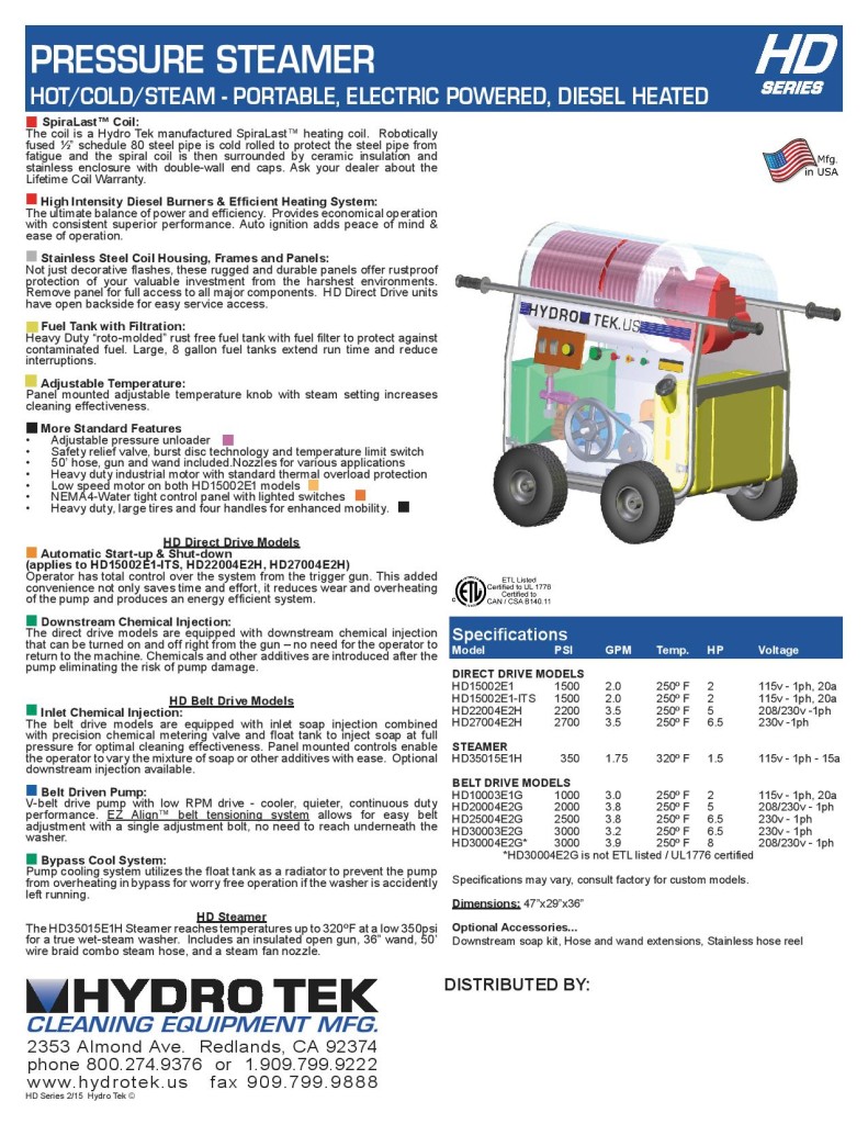  HD Series Hot Water Pressure Washer - Compact Portable Electric Powered, Diesel Heated Brochure Page2