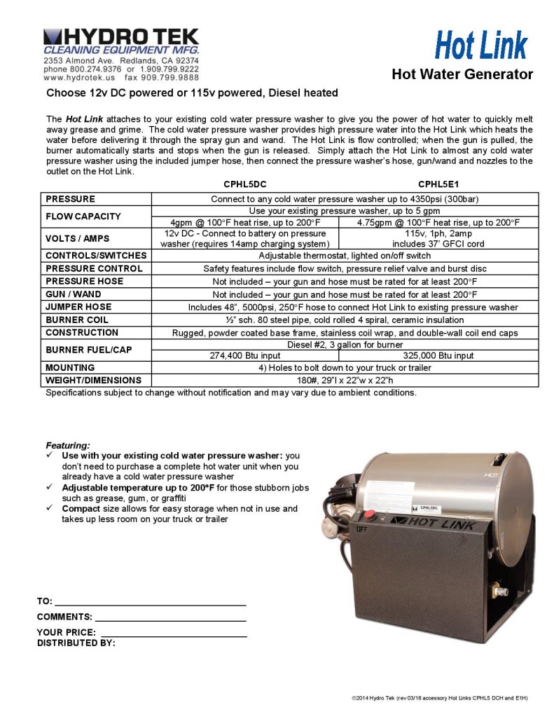 Hydrotek Hot Link Hot Water Generator Brochure